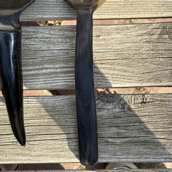 Vintage Hand Carved Horn Spoons Fork Lot of 3 Large Ladle Bovine Horn Canada - Picture 7 of 13